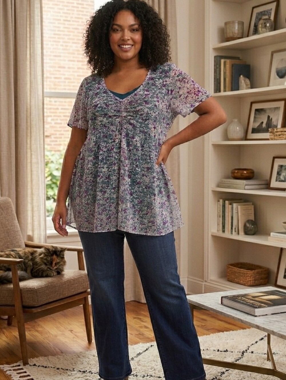 2X Torrid Purple Floral Sheer Lace High-Low Top